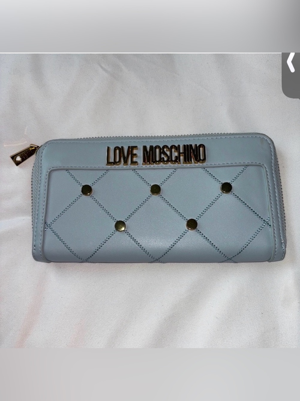 Love Moschino Pale Blue Quilted Zip-Around Wallet with Gold Hardware